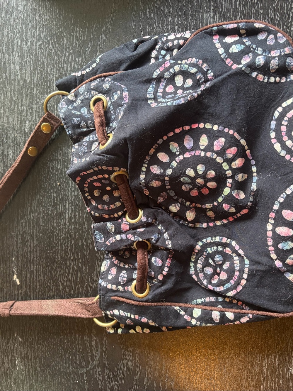 Black Patterned Drawstring Shoulder Bag